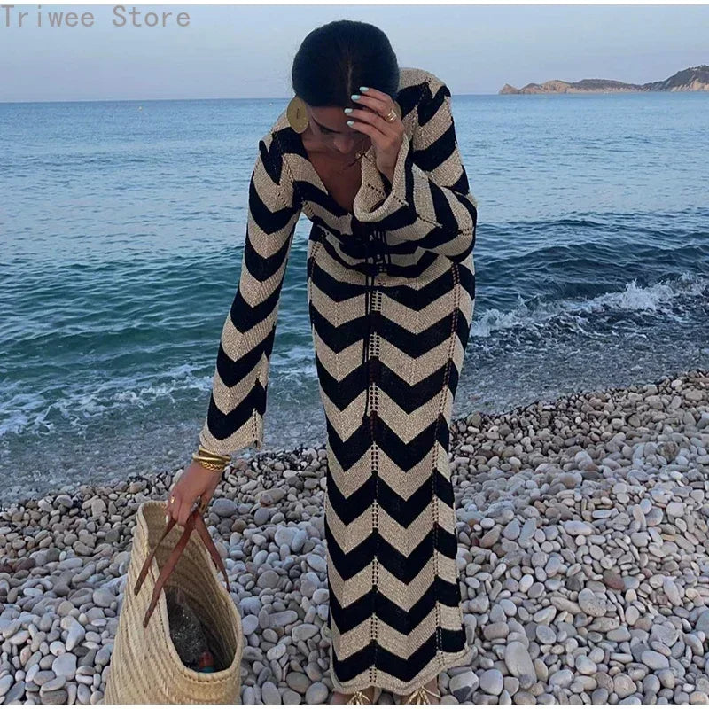 Striped Knit Long Dress Women Sexy Loose Sheath Hip Package Long Sleeve Party Dresses 2024 Summer Beach Panelled Lady