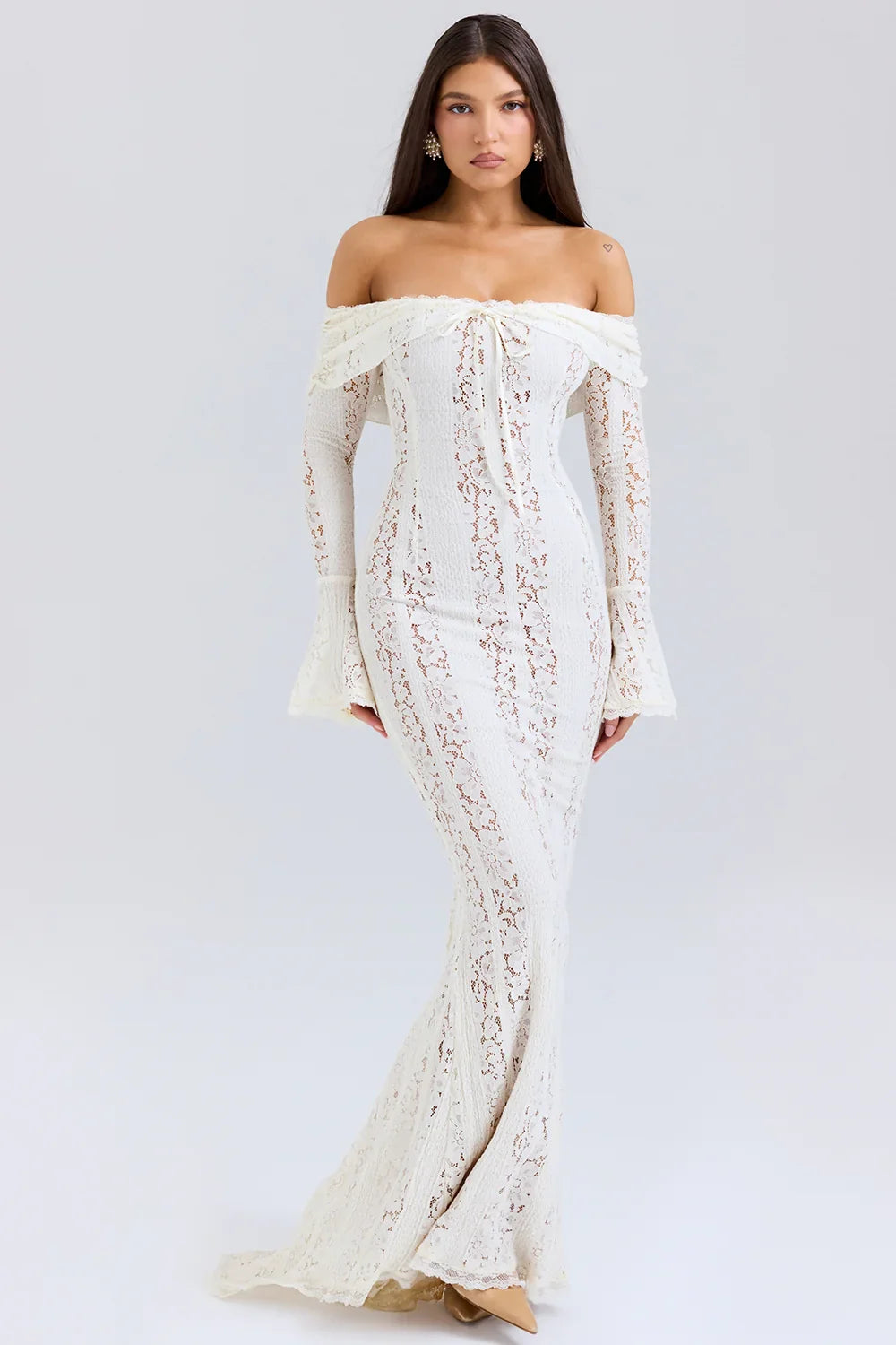 White Sexy Lace Flare Sleeve Dress