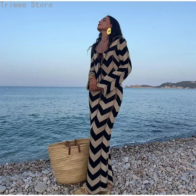 Striped Knit Long Dress Women Sexy Loose Sheath Hip Package Long Sleeve Party Dresses 2024 Summer Beach Panelled Lady