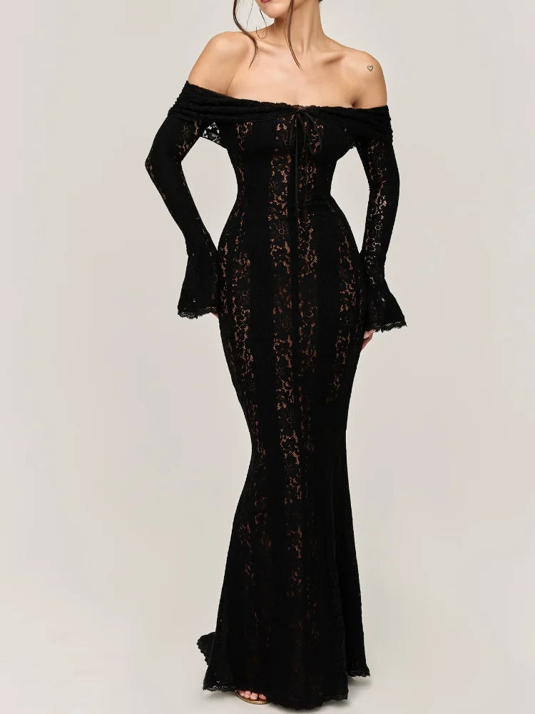 White Sexy Lace Flare Sleeve Dress off Shoulder Slim Maxi Dresses Women 2025 Female Hollow Out Mermaid Floor Length Elegant Robe