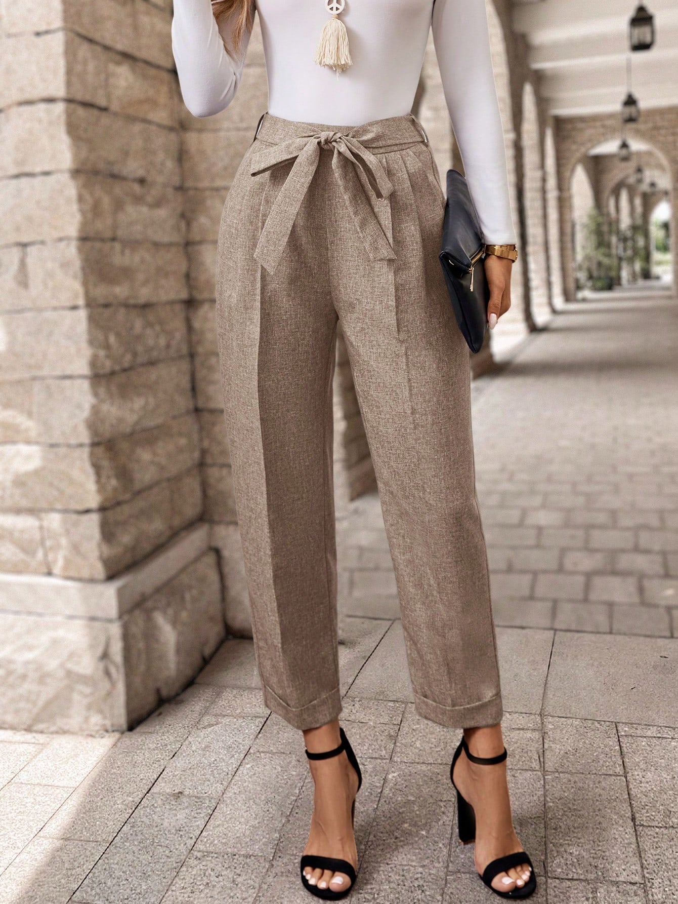 EMERY ROSE Women Front Tie-Up Pocket Minimalist Suit Pants, Casual Daily Wear