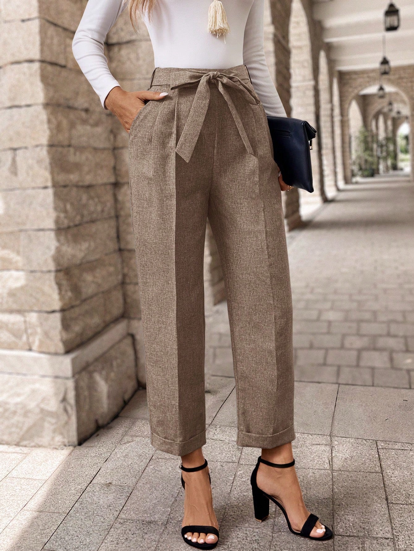 EMERY ROSE Women Front Tie-Up Pocket Minimalist Suit Pants, Casual Daily Wear