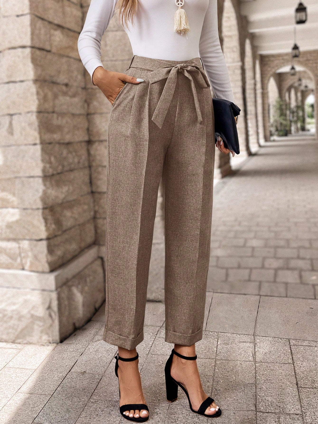 EMERY ROSE Women Front Tie-Up Pocket Minimalist Suit Pants, Casual Daily Wear