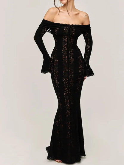 White Sexy Lace Flare Sleeve Dress off Shoulder Slim Maxi Dresses Women 2025 Female Hollow Out Mermaid Floor Length Elegant Robe