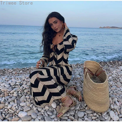 Striped Knit Long Dress Women Sexy Loose Sheath Hip Package Long Sleeve Party Dresses 2024 Summer Beach Panelled Lady