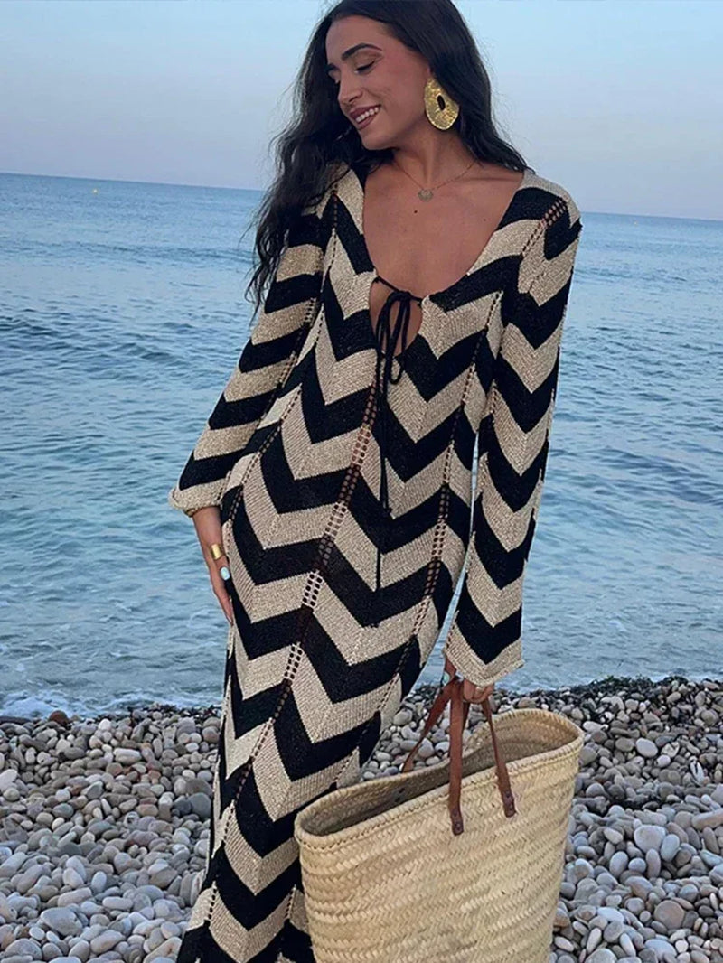 Striped Knit Long Dress Women Sexy Loose Sheath Hip Package Long Sleeve Party Dresses 2024 Summer Beach Panelled Lady
