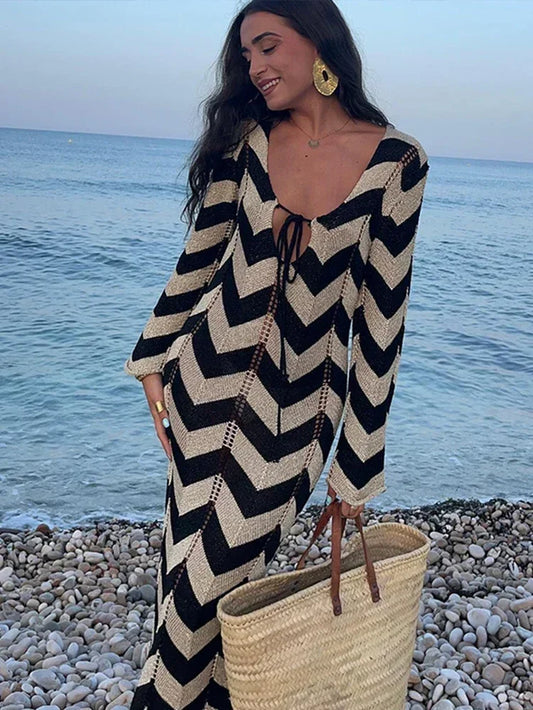 Striped Knit Long Dress Women Sexy Loose Sheath Hip Package Long Sleeve Party Dresses 2024 Summer Beach Panelled Lady
